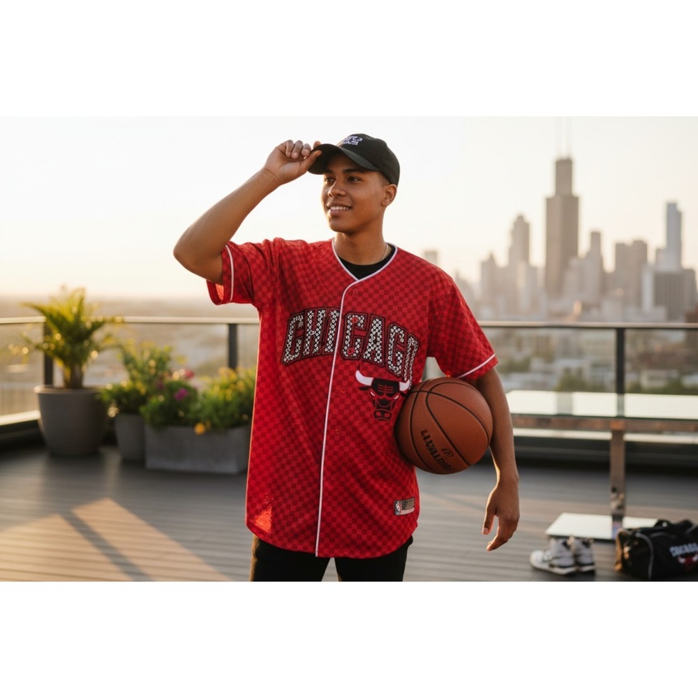 Chicago Bulls Red Checkered Baseball Jersey Shirt NBA Basketball Men's Small